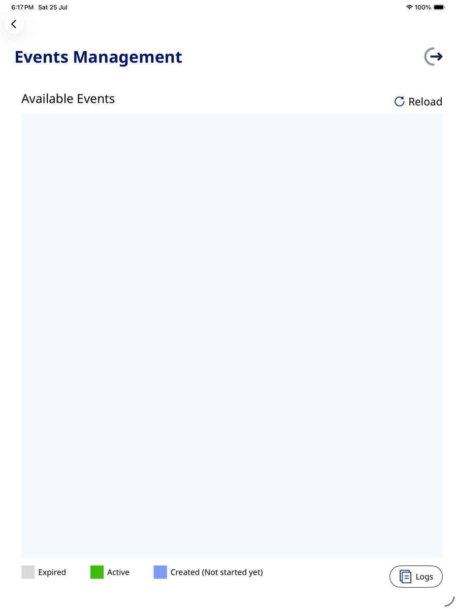 NovoEvents events management screen listing available events with status legend