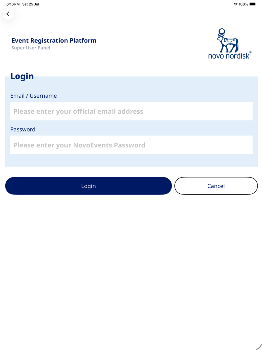NovoEvents login screen with email and password fields