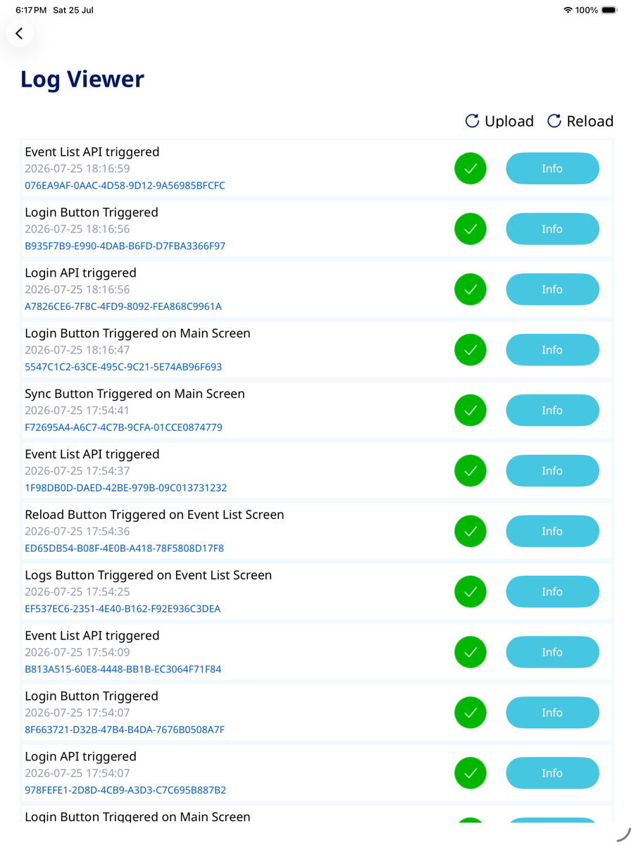 NovoEvents log viewer listing timestamped application events with upload status